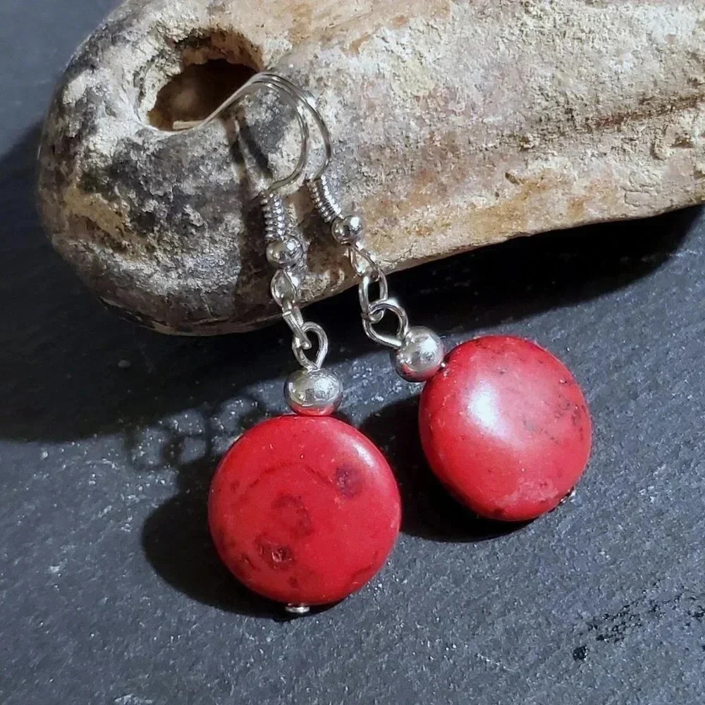 Handcrafted Silver and Red Magnesite Gemstone Puffed Coin Dangle Earrings
